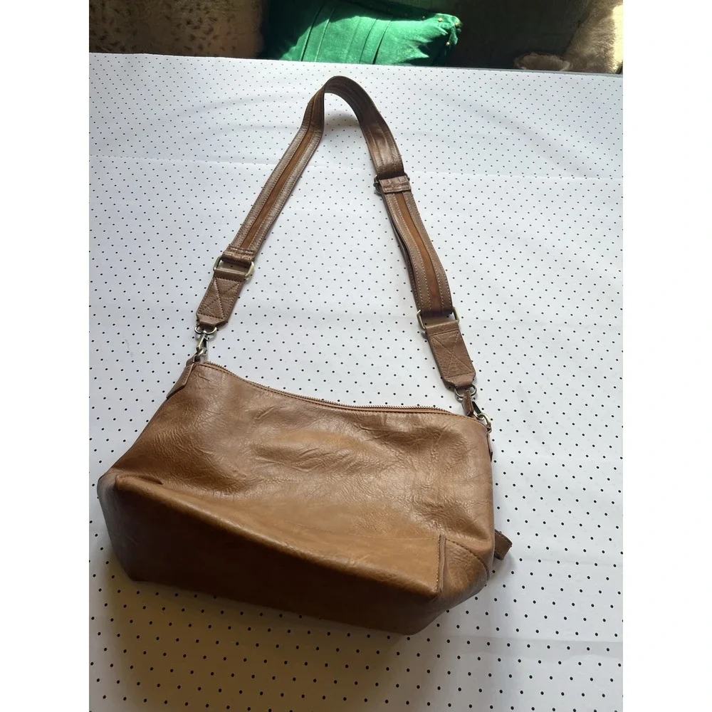 Joy Susan Cognac Vegan Leather Crossbody Slouch Hobo Bag Adjustable Strap Brown